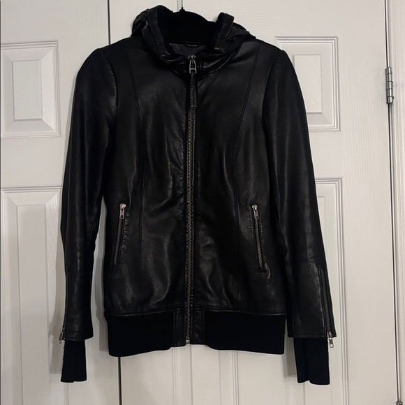 Mackage Black leather jacket with hidden hood in collar size small - Picture 9 of 10